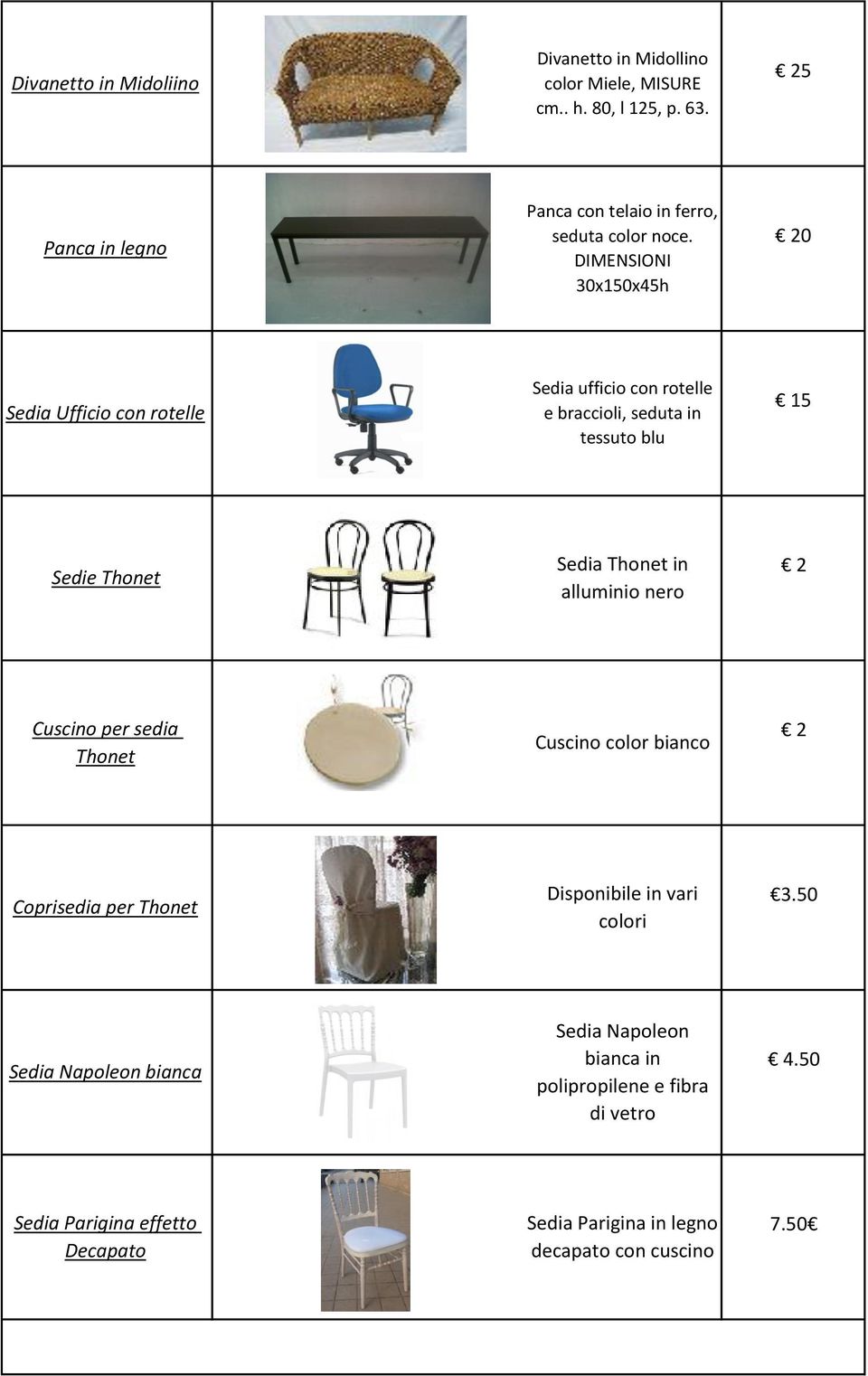 DIMENSIONI 30x150x45h 20 Sedia Ufficio con rotelle Sedia ufficio con rotelle e braccioli, seduta in tessuto blu 15 Sedie Thonet Sedia Thonet in