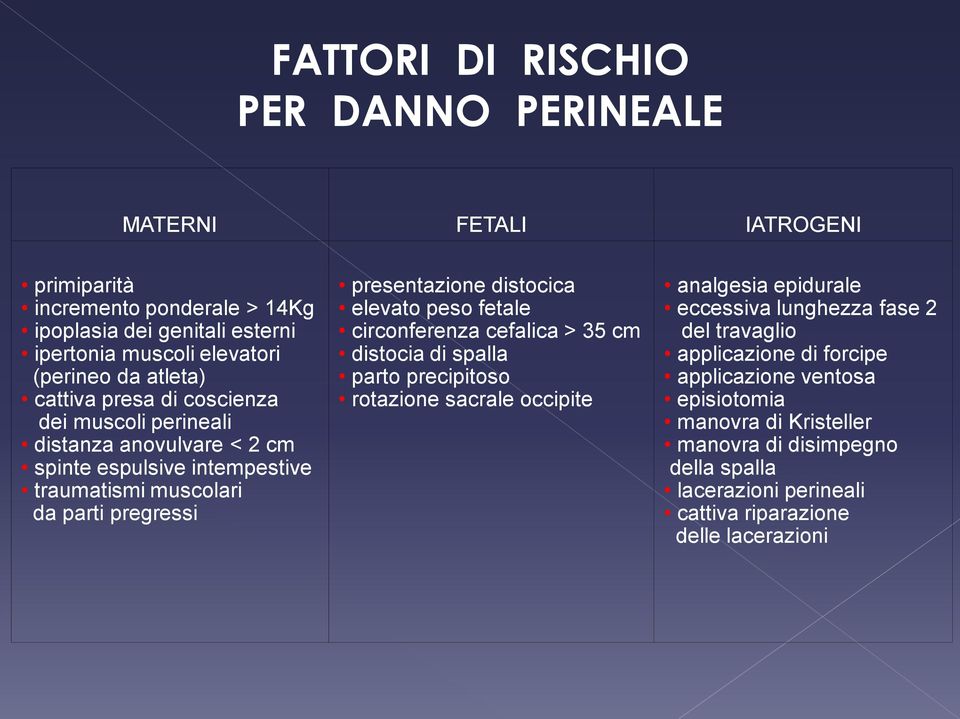 distocica elevato peso fetale circonferenza cefalica > 35 cm distocia di spalla parto precipitoso rotazione sacrale occipite analgesia epidurale eccessiva lunghezza fase 2 del