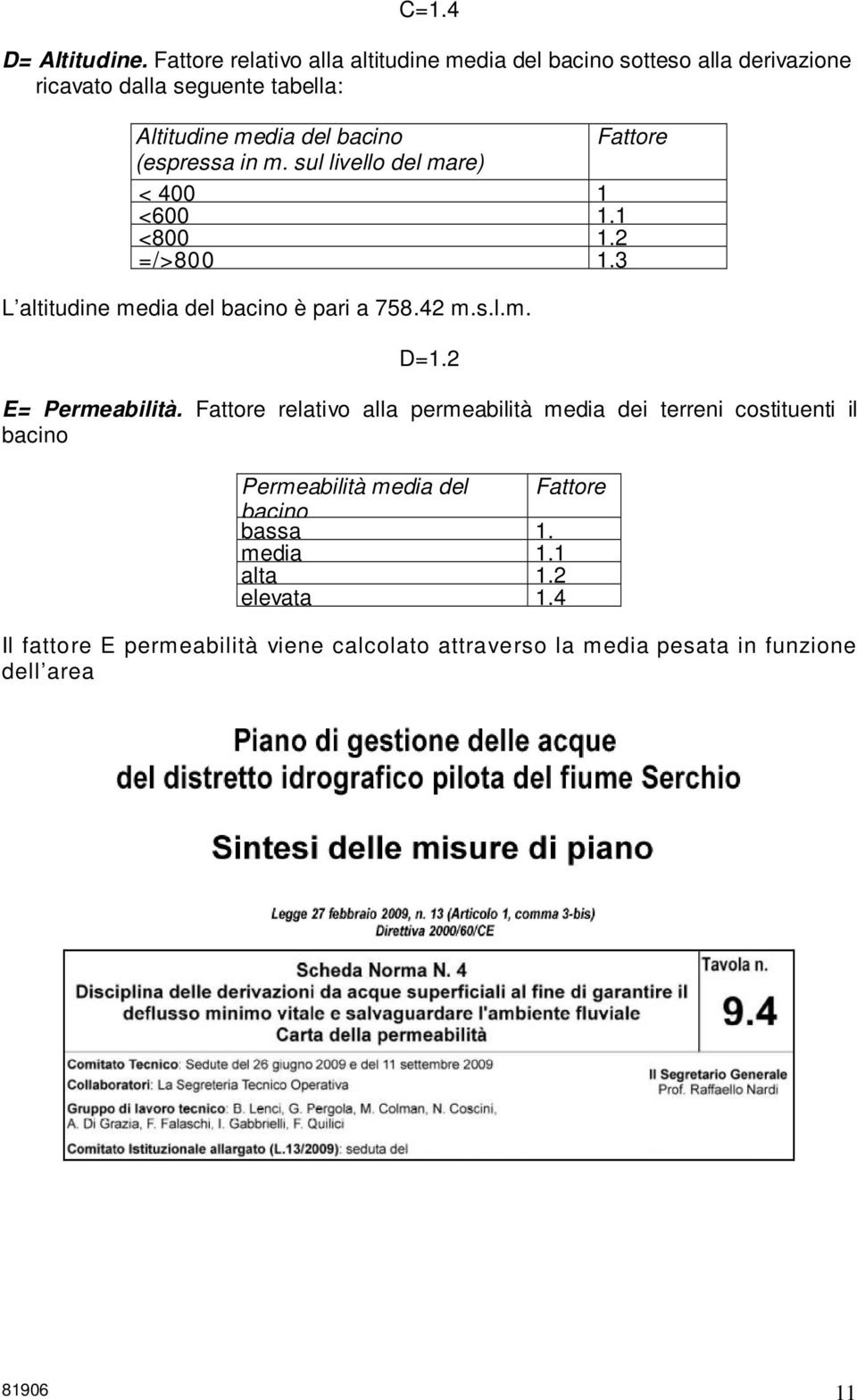 Fattore (espressa in m. sul livello del mare) < 400 1 <600 1.1 <800 1.2 =/>800 1.3 L altitudine media del bacino è pari a 758.42 m.s.l.m. D=1.