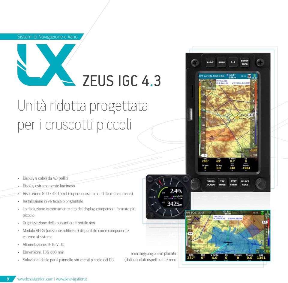 estremamente alta del display, compensa il formato più piccolo Organizzazione della pulsantiera frontale 4x4 Modulo AHRS (orizzonte artificiale) disponibile come componente