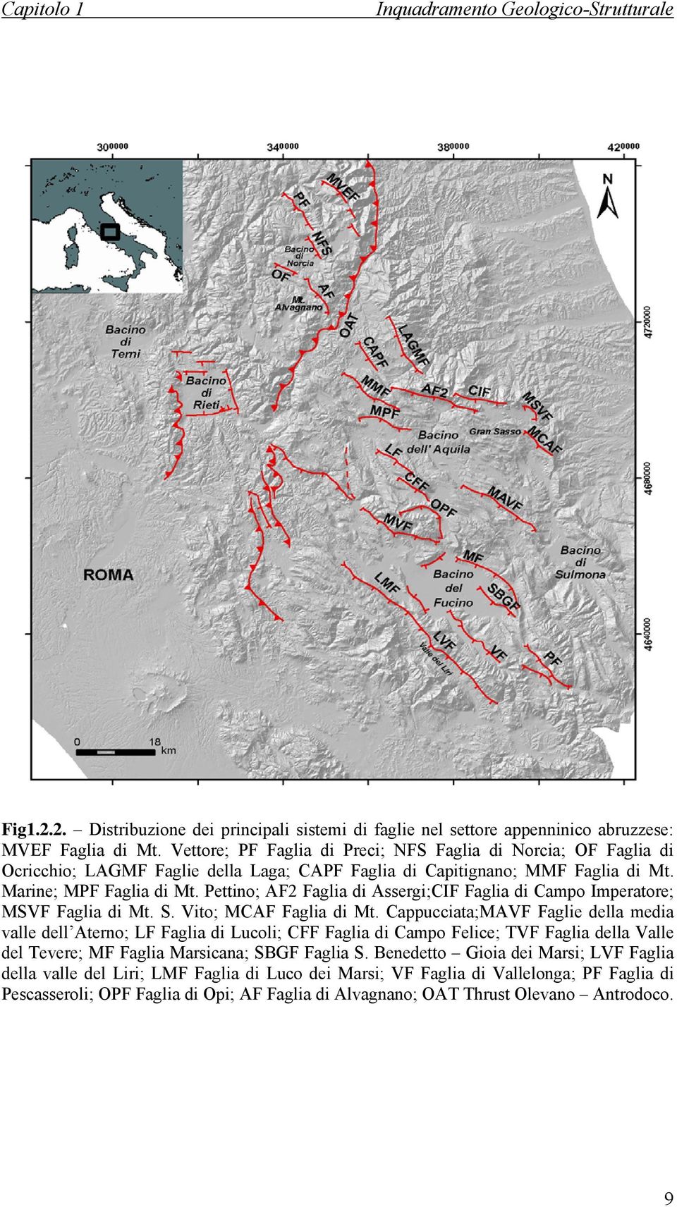 Pettino; AF2 Faglia di Assergi;CIF Faglia di Campo Imperatore; MSVF Faglia di Mt. S. Vito; MCAF Faglia di Mt.