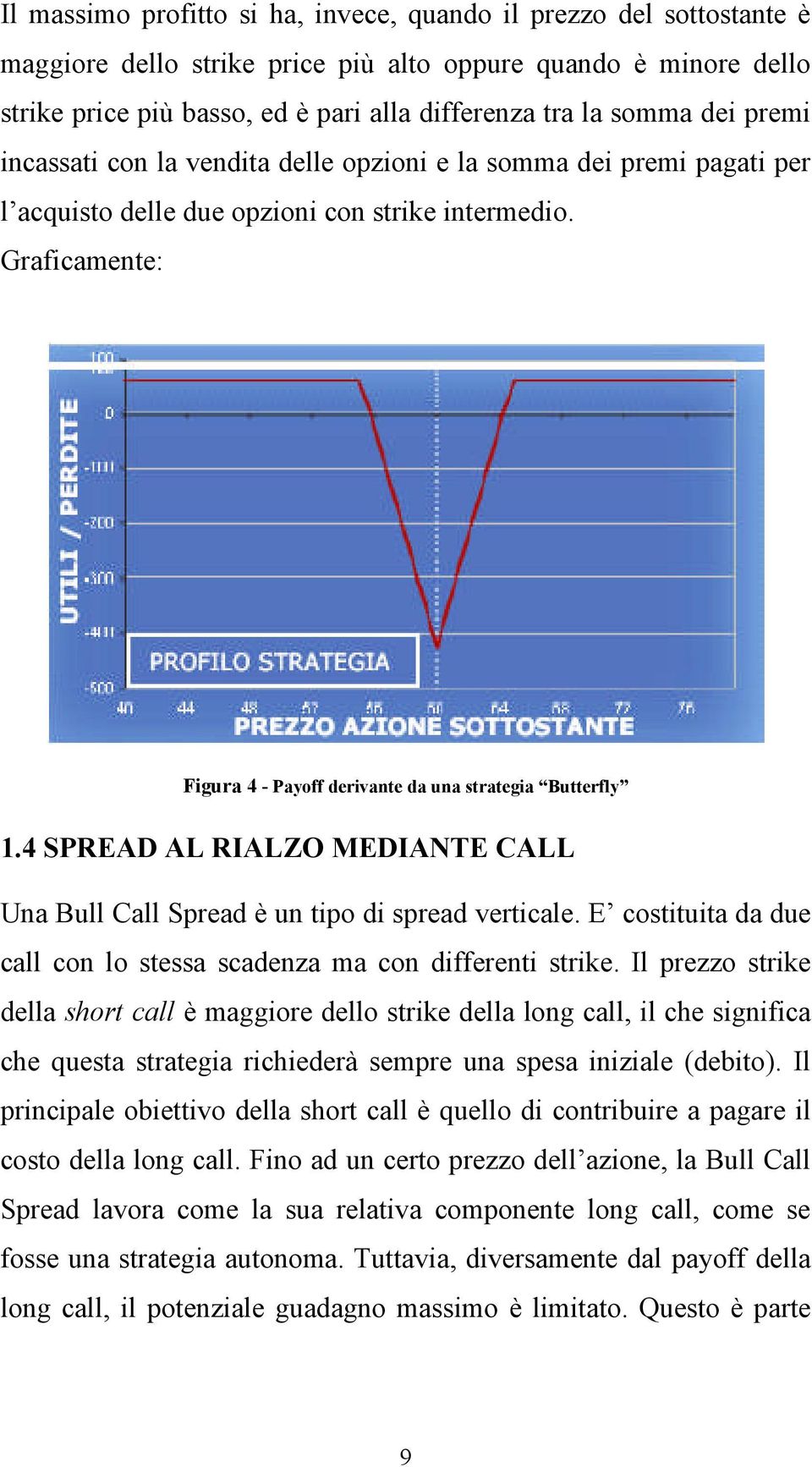 Graficamente: Figura 4 - Payoff derivante da una strategia Butterfly 1.4 SPREAD AL RIALZO MEDIANTE CALL Una Bull Call Spread è un tipo di spread verticale.
