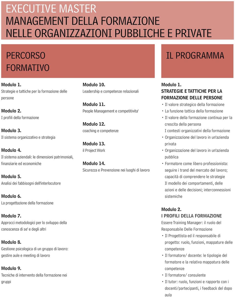 Approcci metodologici per lo sviluppo della conoscenza di se' e degli altri Modulo 8. Gestione psicologica di un gruppo di lavoro: gestire aule e meeting di lavoro Modulo 9.