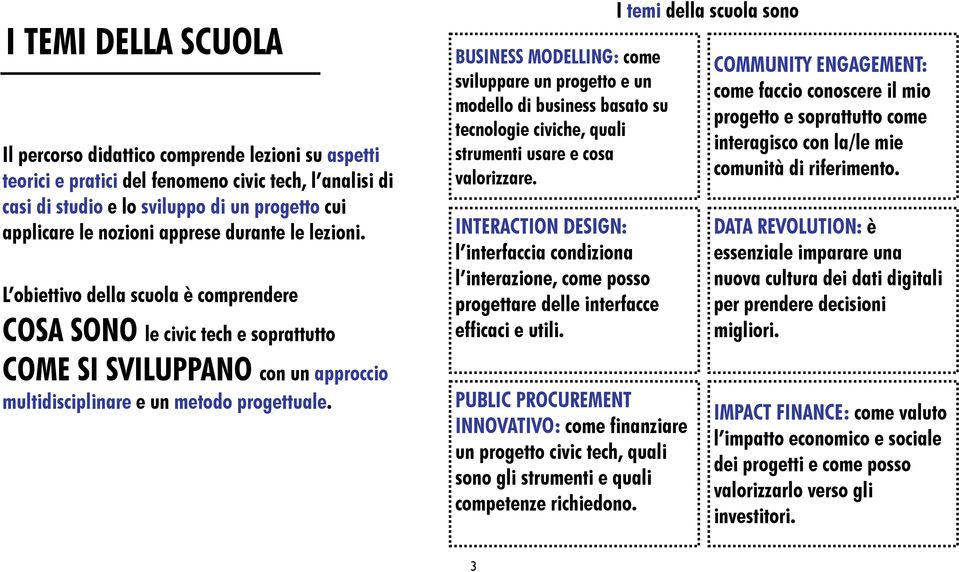 L obiettivo della scuola è comprendere COSA SONO le civic tech e soprattutto BUSINESS MODELLING: come sviluppare un progetto e un modello di business basato su tecnologie civiche, quali strumenti