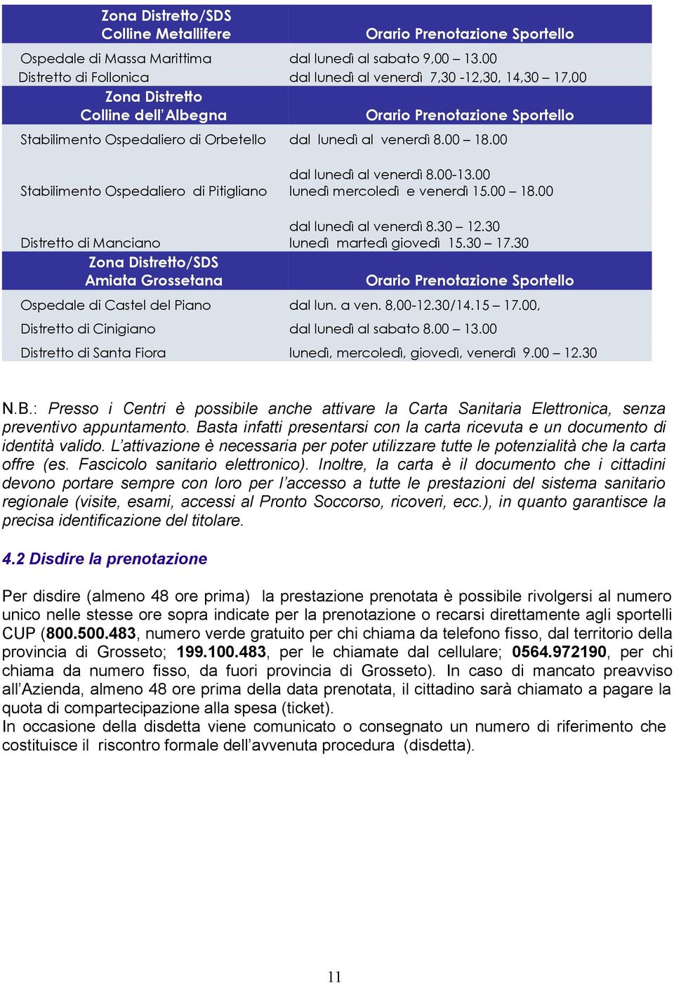 00 18.00 Stabilimento Ospedaliero di Pitigliano dal lunedì al venerdì 8.00-13.00 lunedì mercoledì e venerdì 15.00 18.00 Distretto di Manciano Zona Distretto/SDS Amiata Grossetana dal lunedì al venerdì 8.