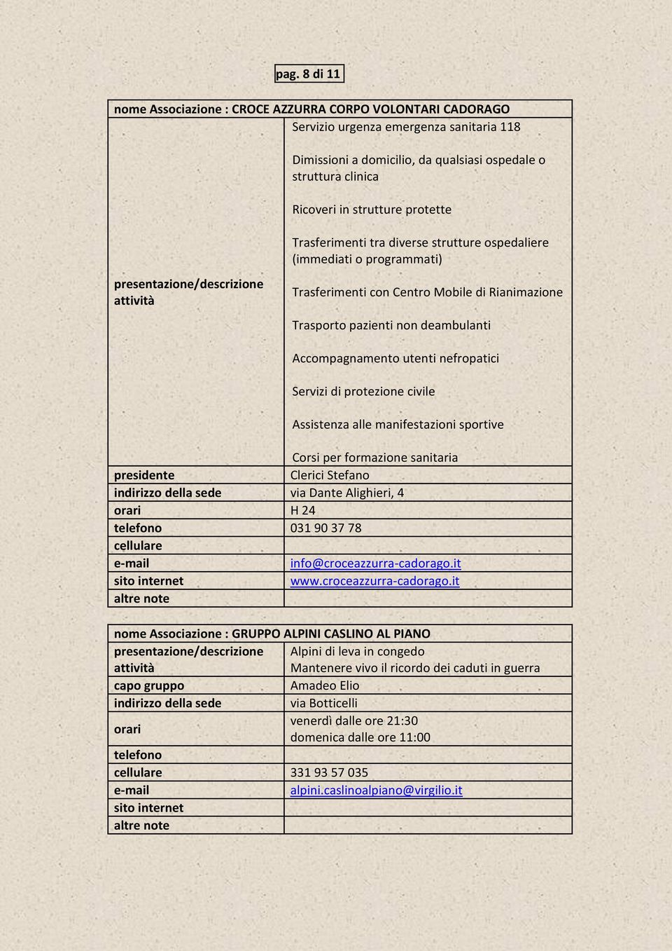 nefropatici Servizi di protezione civile Assistenza alle manifestazioni sportive Corsi per formazione sanitaria Clerici Stefano via Dante Alighieri, 4 H 24 031 90 37 78 info@croceazzurra-cadorago.