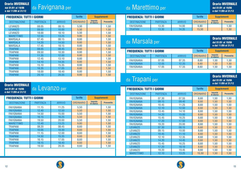 15 10.00 13.25 08.15 14.50 18.15 08.45 10.30 12.00 13.10 14.35 15.35 17.05 18.40 da Levanzo per 11.25 12.50 15.00 16.25 20.00 13.25 08.45 10.30 12.00 15.35 17.05 18.40 da Marsala per da Trapani per 13.