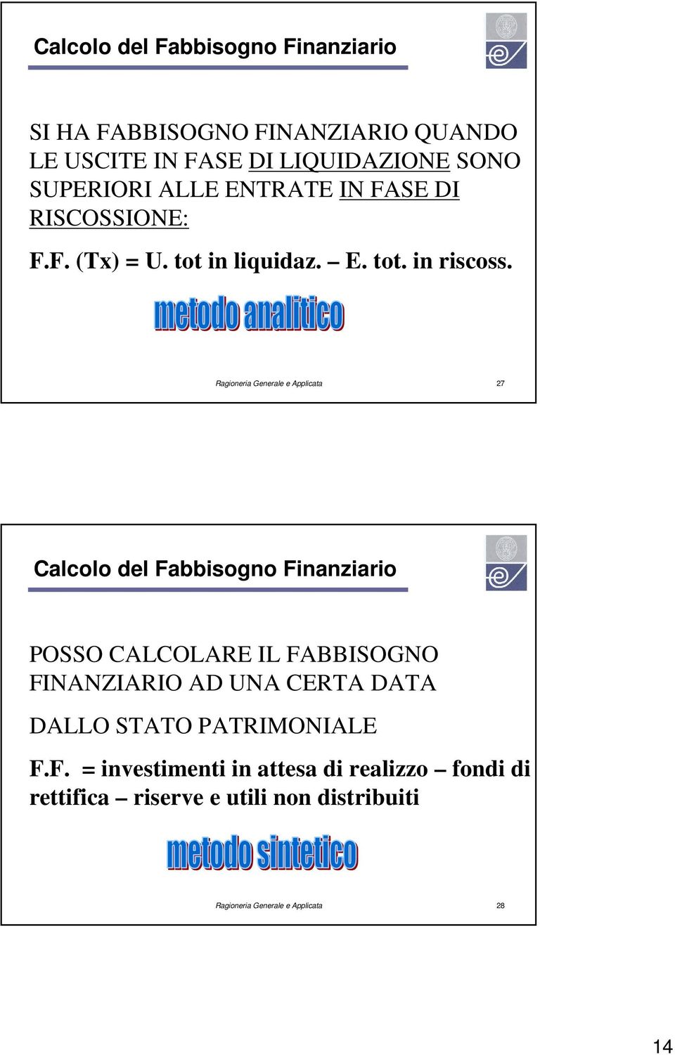 Ragioneria Generale e Applicata 27 Calcolo del Fabbisogno Finanziario POSSO CALCOLARE IL FABBISOGNO FINANZIARIO AD UNA