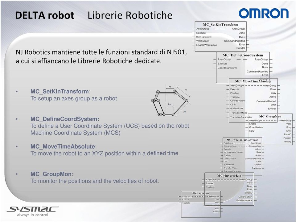 MC_SetKinTransform: To setup an axes group as a robot MC_DefineCoordSystem: To define a User Coordinate System