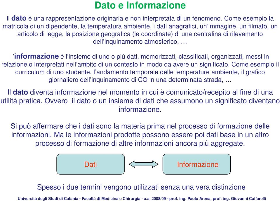 rilevamento dell inquinamento atmosferico, l informazione è l insieme di uno o più dati, memorizzati, classificati, organizzati, messi in relazione o interpretati nell ambito di un contesto in modo