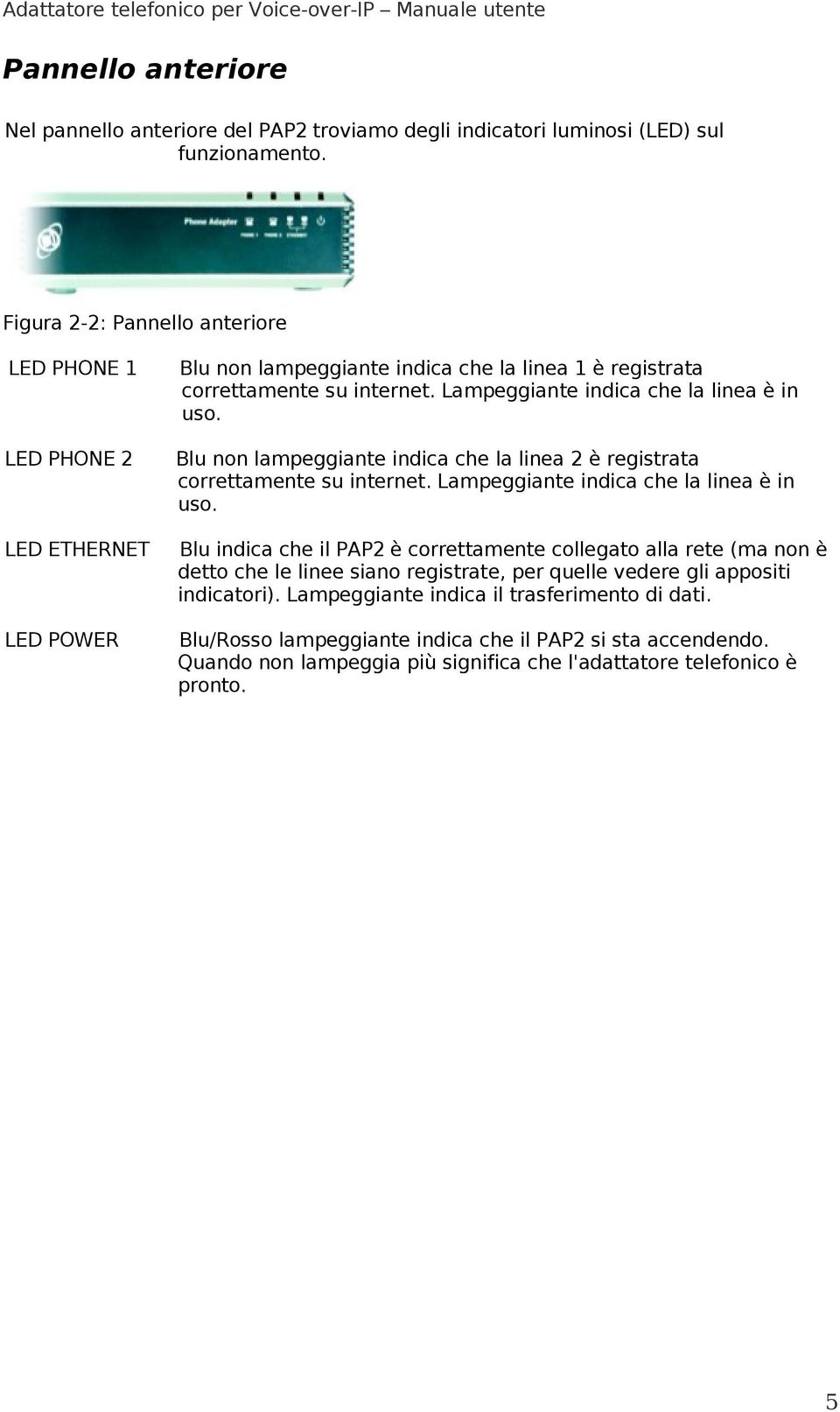 Lampeggiante indica che la linea è in uso. Blu non lampeggiante indica che la linea 2 è registrata correttamente su internet. Lampeggiante indica che la linea è in uso.