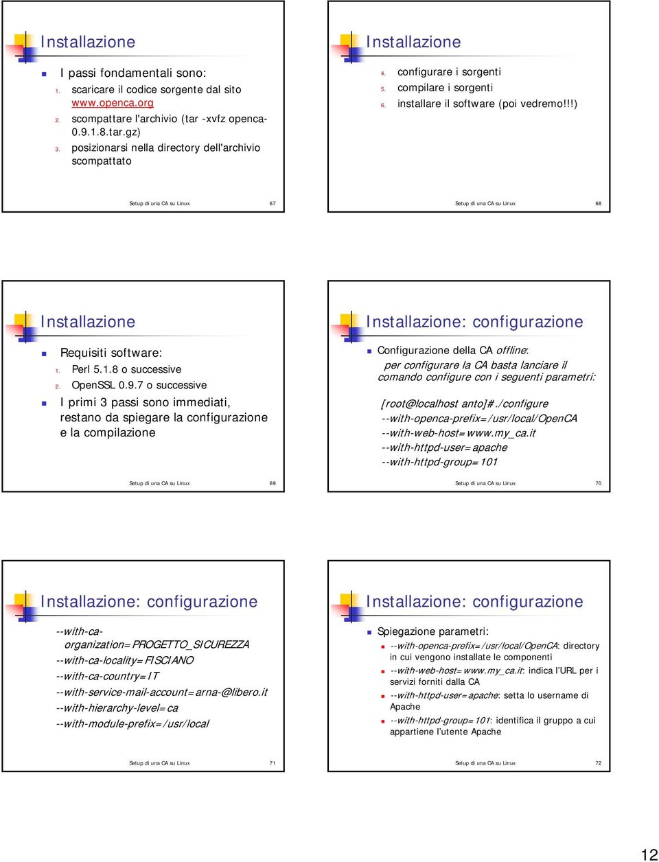 !!) Setup di una CA su Linux 67 Setup di una CA su Linux 68 Installazione Requisiti software: 1. Perl 5.1.8 o successive 2. OpenSSL 0.9.
