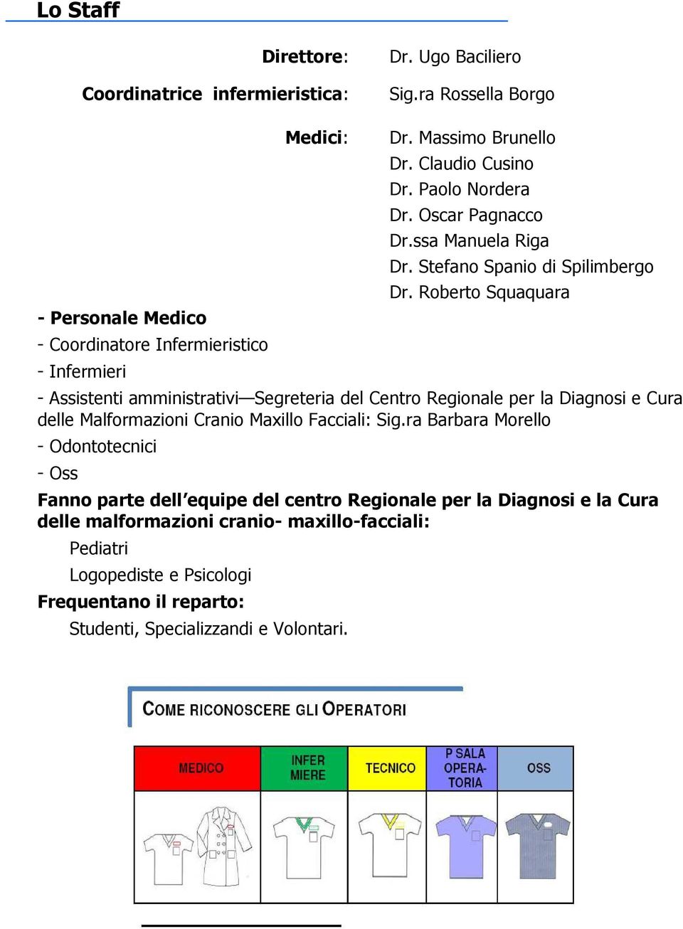 Roberto Squaquara - Assistenti amministrativi Segreteria del Centro Regionale per la Diagnosi e Cura delle Malformazioni Cranio Maxillo Facciali: Sig.