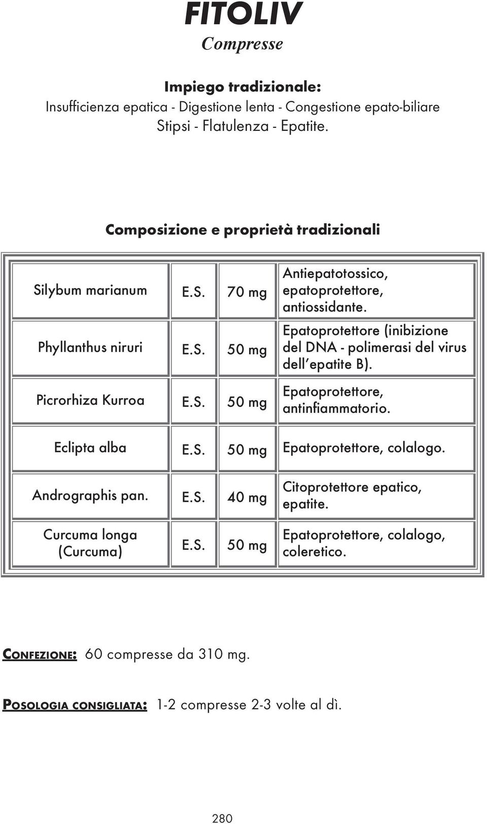 Picrorhiza Kurroa E.S. 50 mg Epatoprotettore, antinfiammatorio. Eclipta alba E.S. 50 mg Epatoprotettore, colalogo. Andrographis pan. E.S. 40 mg Citoprotettore epatico, epatite.