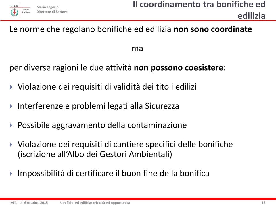 Interferenze e problemi legati alla Sicurezza Possibile aggravamento della contaminazione Violazione dei requisiti di