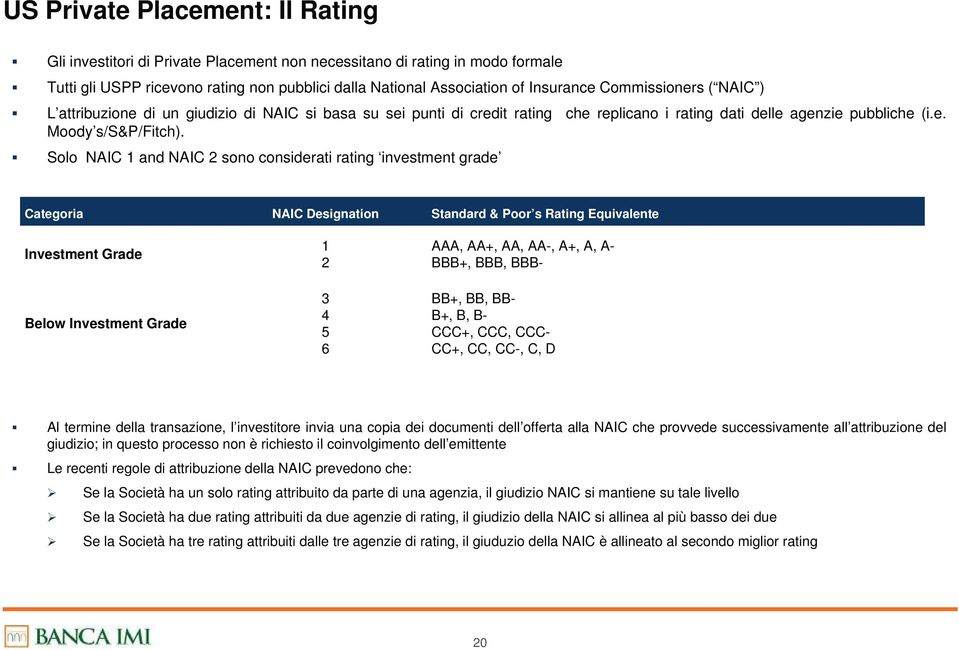 Solo NAIC 1 and NAIC sono considerati rating investment grade Categoria NAIC Designation Standard & Poor s Rating Equivalente Investment Grade Below Investment Grade 1 3 4 5 6 AAA, AA+, AA, AA-, A+,
