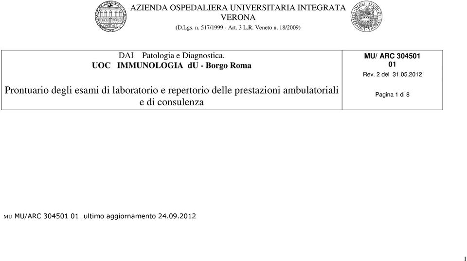 UOC IMMUNOLOGIA du Borgo Roma Prontuario degli esami di laboratorio e repertorio delle