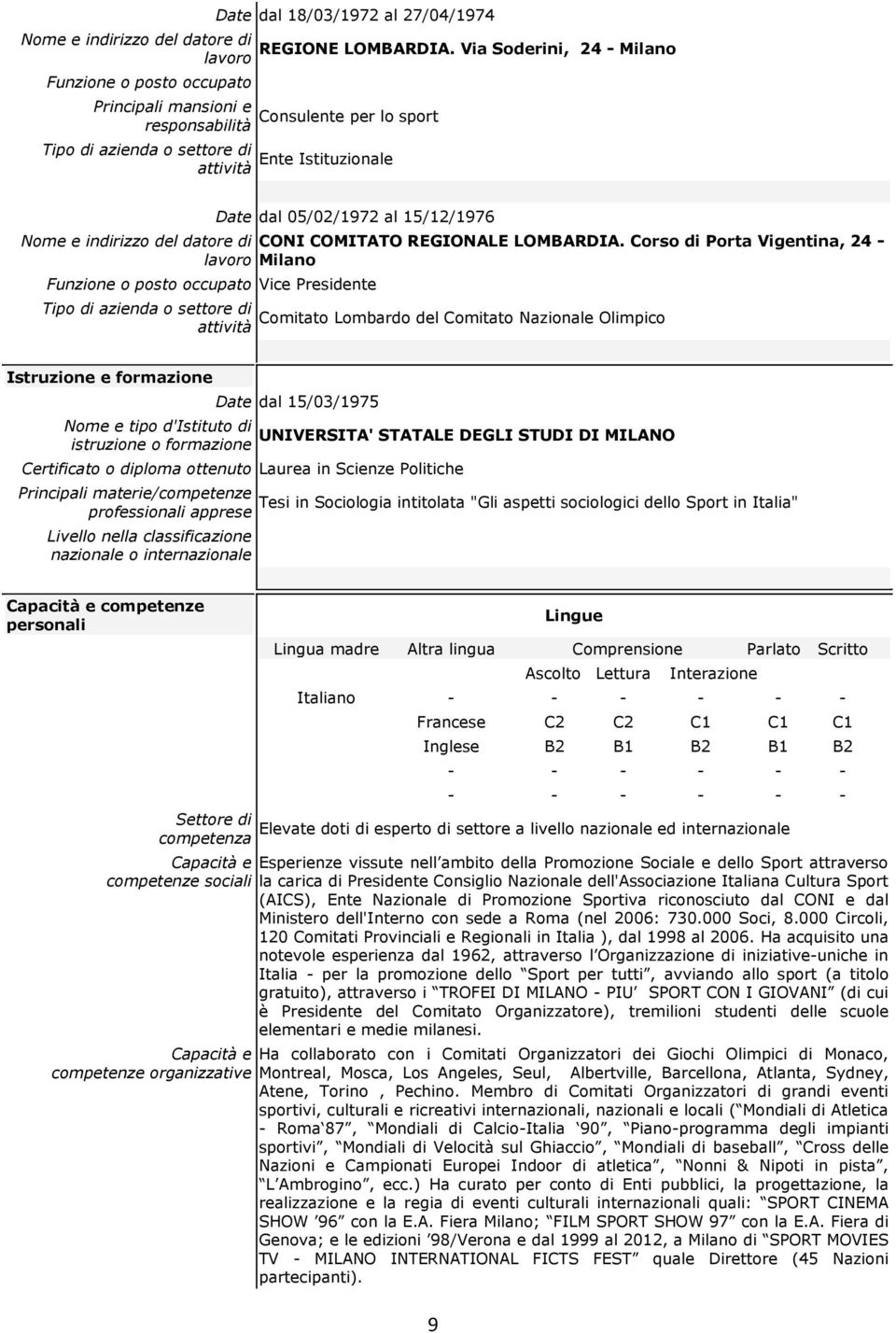 STUDI DI MILANO istruzione o formazione Certificato o diploma ottenuto Laurea in Scienze Politiche Principali materie/competenze Tesi in Sociologia intitolata "Gli aspetti sociologici dello Sport in