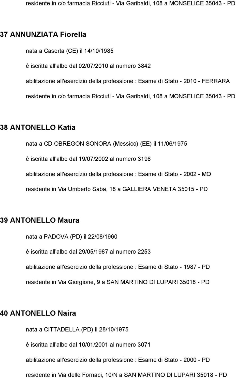 (EE) il 11/06/1975 è iscritta all'albo dal 19/07/2002 al numero 3198 abilitazione all'esercizio della professione : Esame di Stato - 2002 - MO residente in Via Umberto Saba, 18 a GALLIERA VENETA