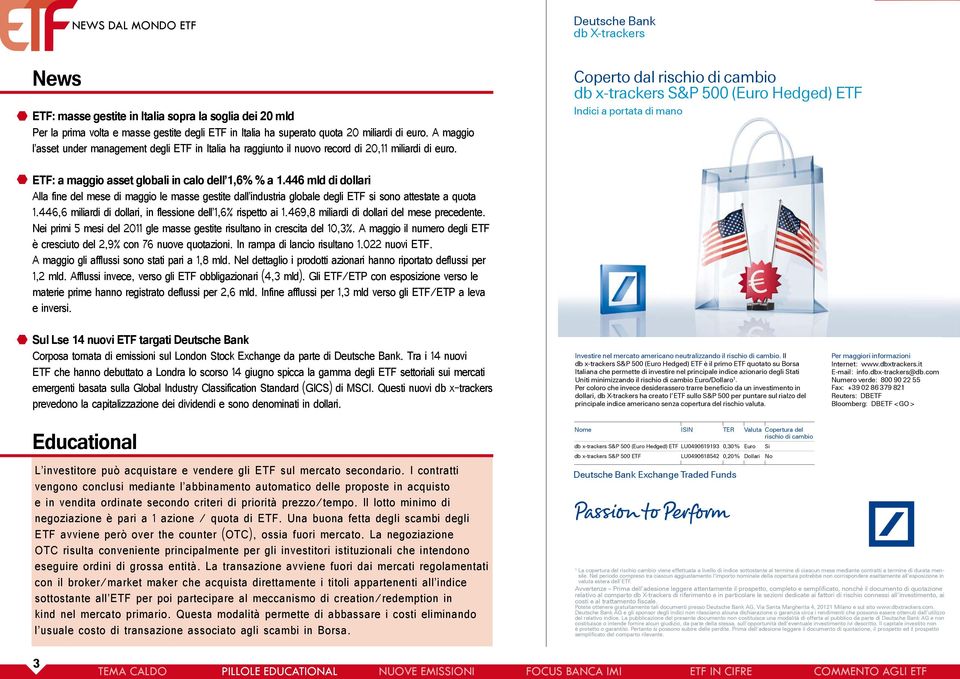 Deutsche Bank db X-trackers Coperto dal rischio di cambio db x-trackers S&P 500 (Euro Hedged) ETF Indici a portata di mano ETF: a maggio asset globali in calo dell 1,6% % a 1.