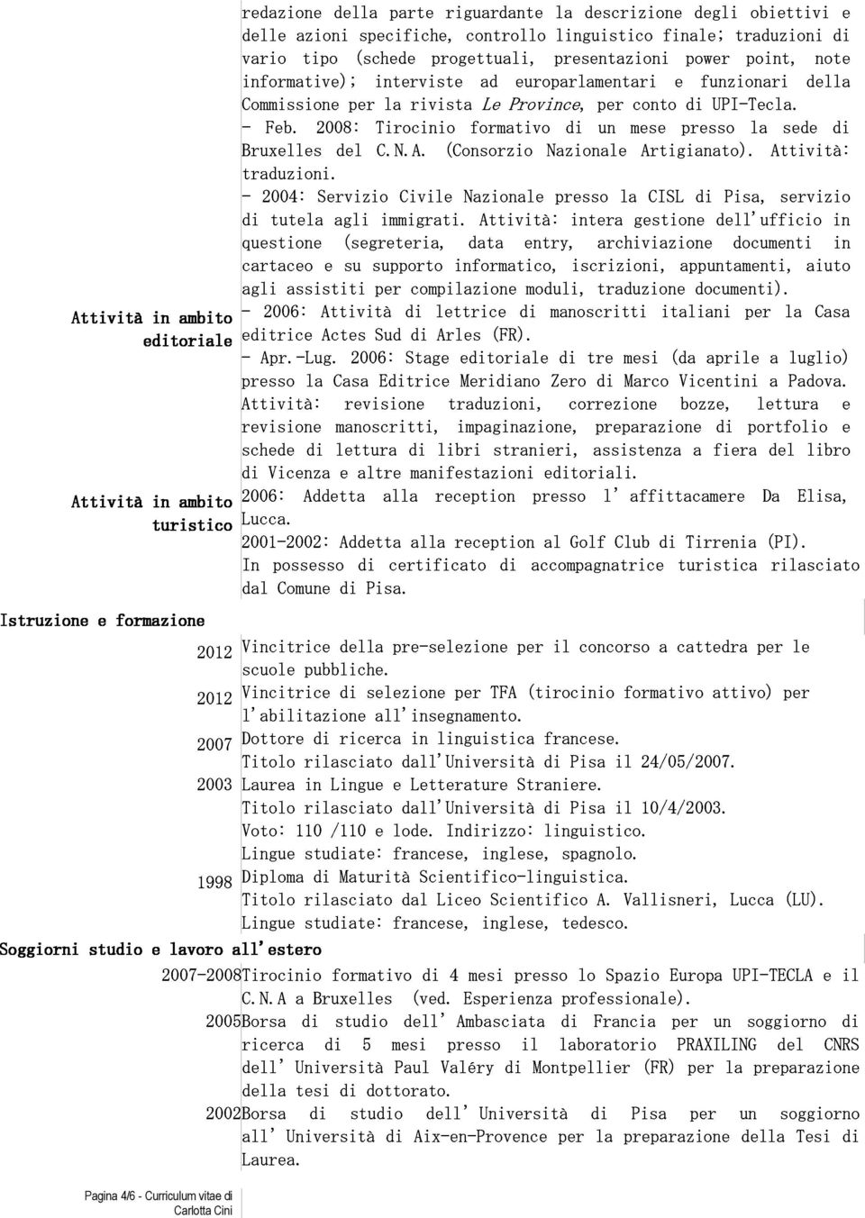 2008: per Tirocinio la rivista formativo Le Province, di per un mese conto presso di UPI-Tecla. 2004: Servizio del C.N.A. Civile (Consorzio Nazionale Nazionale presso la Artigianato).