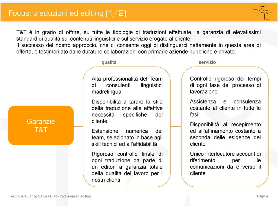 qualità servizio Garanzie T&T Alta professionalità del Team di consulenti linguistici madrelingua Disponibilità a tarare lo stile della traduzione alle effettive necessità specifiche del cliente.