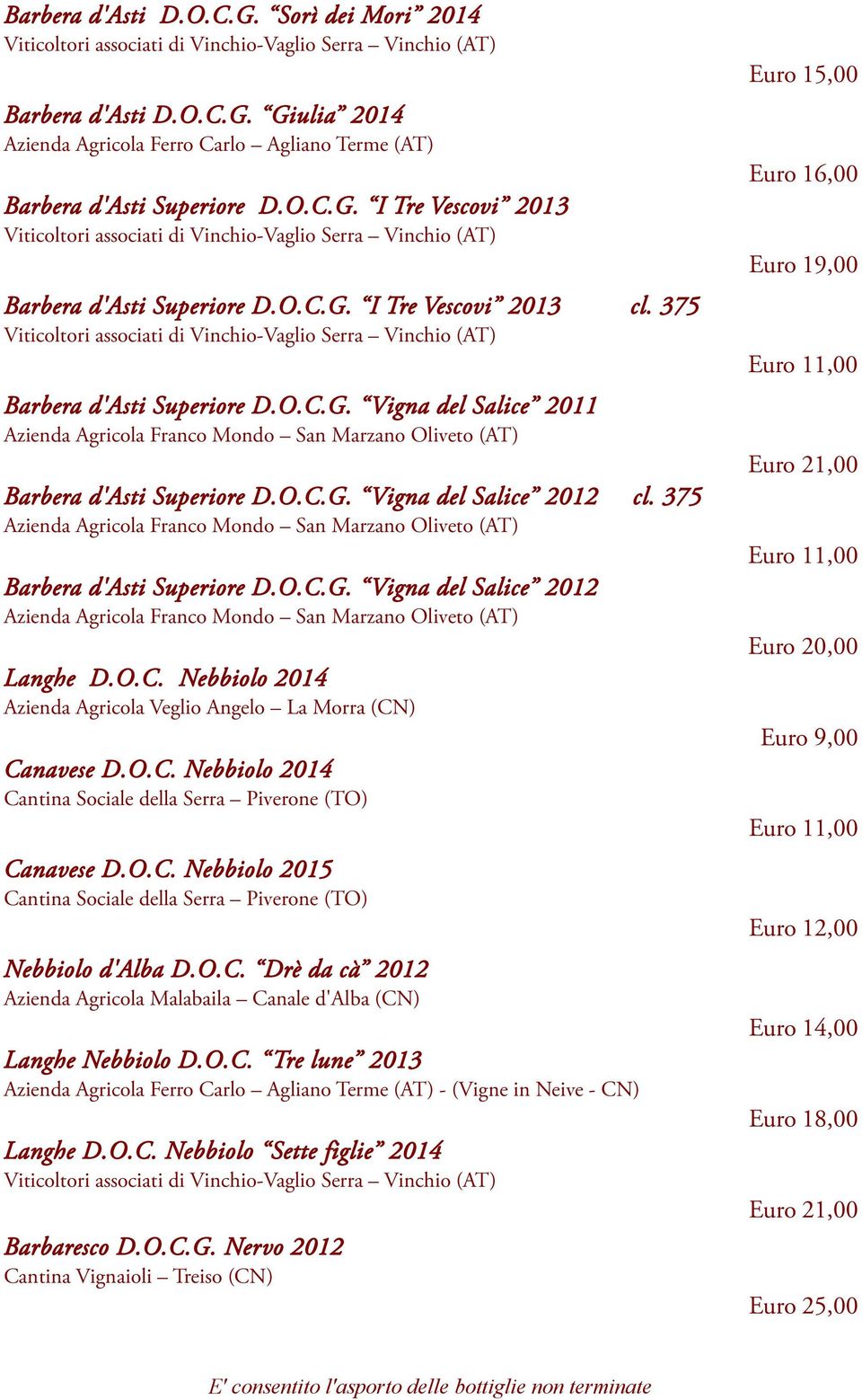 O.C. Nebbiolo 2014 Canavese D.O.C. Nebbiolo 2014 Canavese D.O.C. Nebbiolo 2015 Nebbiolo d'alba D.O.C. Drè da cà 2012 Azienda Agricola Malabaila Canale d'alba (CN) Langhe Nebbiolo D.O.C. Tre lune 2013 Azienda Agricola Ferro Carlo Agliano Terme (AT) - (Vigne in Neive - CN) Langhe D.