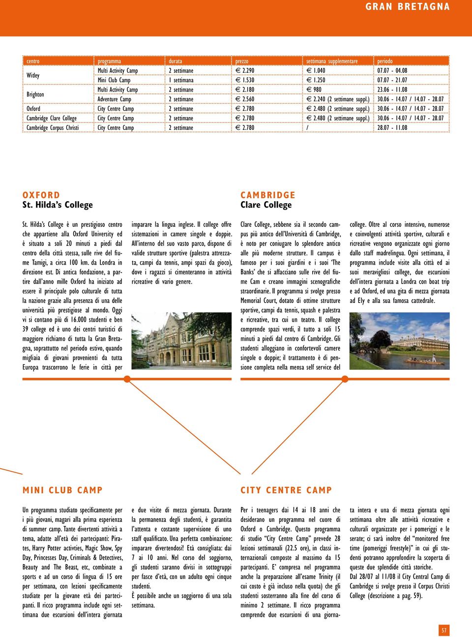 480 (2 settimane suppl.) 30.06-14.07 / 14.07-28.07 Cambridge Clare College City Centre Camp 2 settimane 2.780 2.480 (2 settimane suppl.) 30.06-14.07 / 14.07-28.07 Cambridge Corpus Christi City Centre Camp 2 settimane 2.