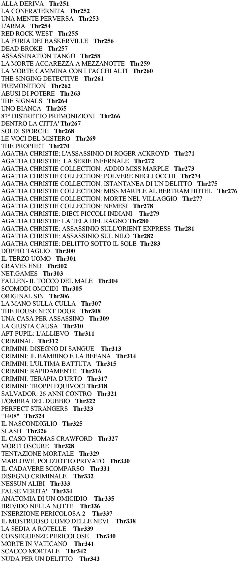 Thr266 DENTRO LA CITTA' Thr267 SOLDI SPORCHI Thr268 LE VOCI DEL MISTERO Thr269 THE PROPHET Thr270 AGATHA CHRISTIE: L'ASSASSINIO DI ROGER ACKROYD Thr271 AGATHA CHRISTIE: LA SERIE INFERNALE Thr272