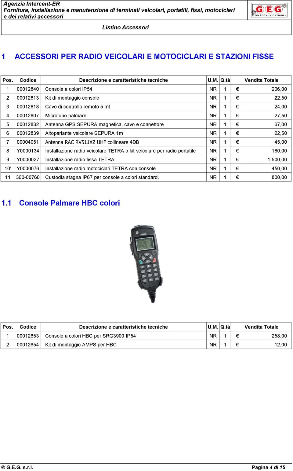 27,50 5 00012832 Antenna GPS SEPURA magnetica, cavo e connettore NR 1 67,00 6 00012839 Altoparlante veicolare SEPURA 1m NR 1 22,50 7 00004051 Antenna RAC RV511XZ UHF collineare 4DB NR 1 45,00 8