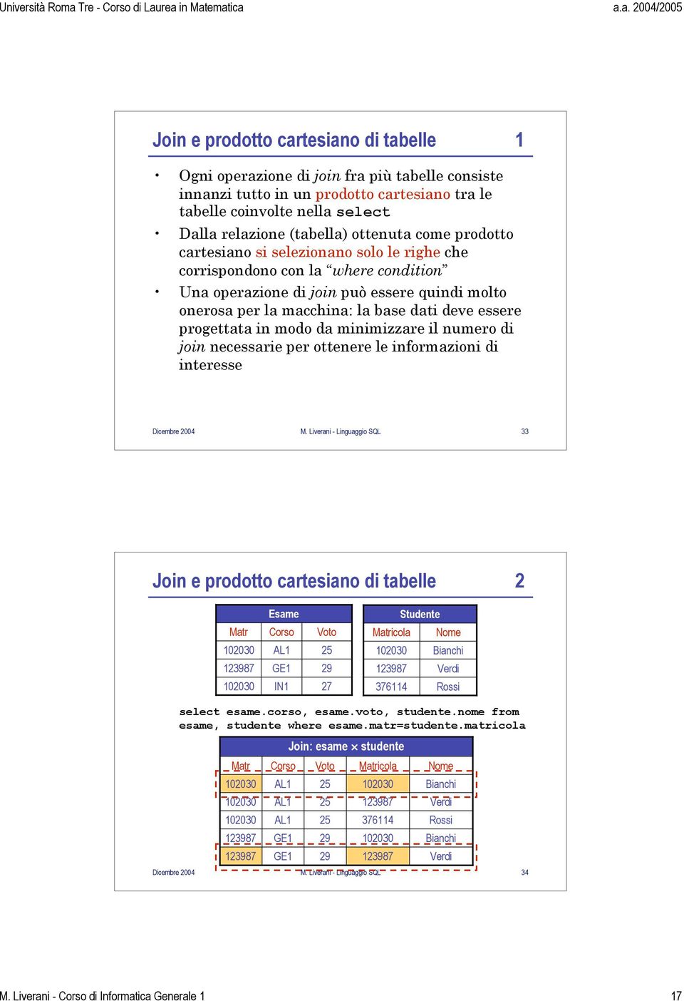 essere progettata in modo da minimizzare il numero di join necessarie per ottenere le informazioni di interesse Dicembre 2004 M.