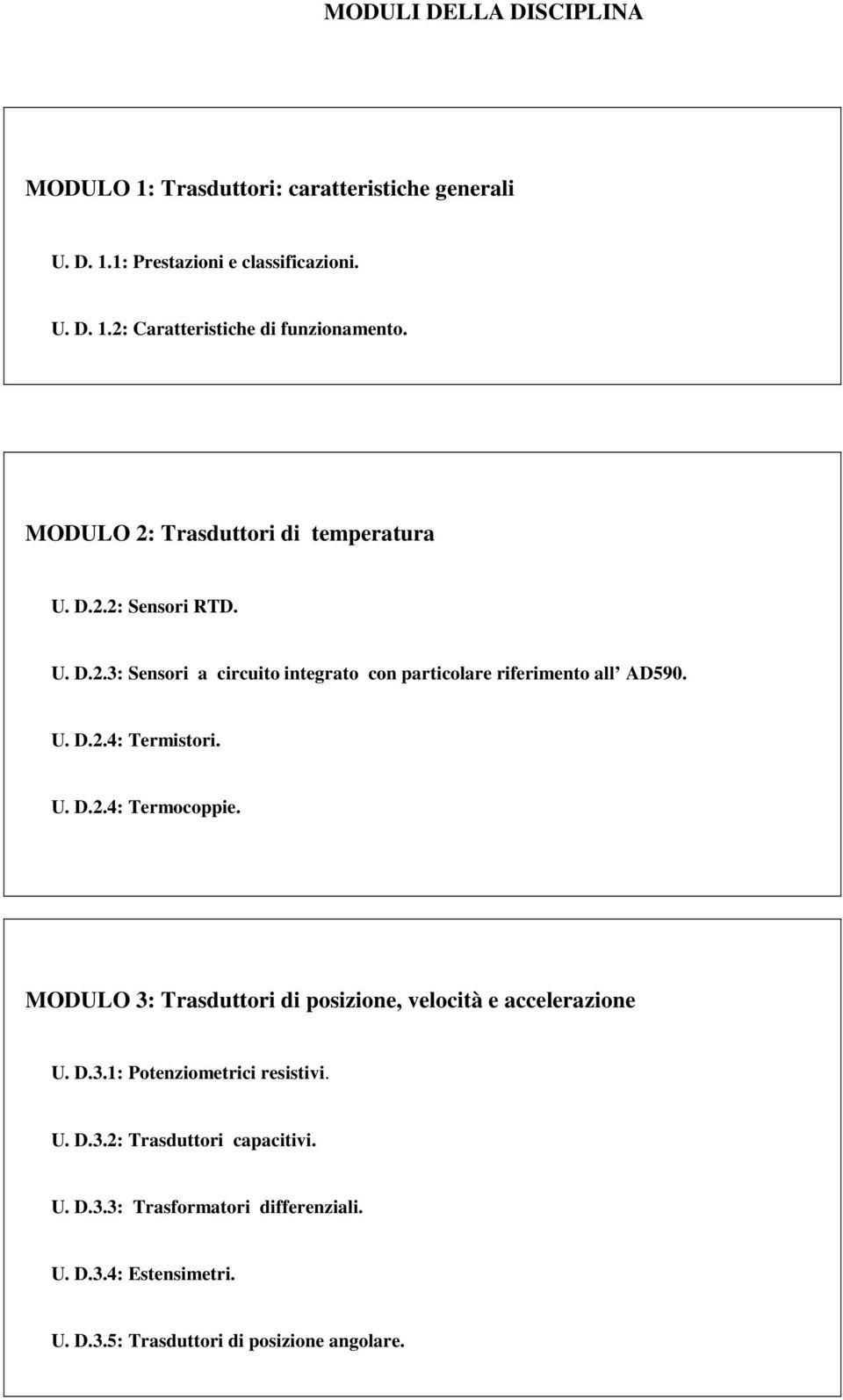 U. D.2.4: Termocoppie. MODULO 3: Trasduttori di posizione, velocità e accelerazione U. D.3.1: Potenziometrici resistivi. U. D.3.2: Trasduttori capacitivi.