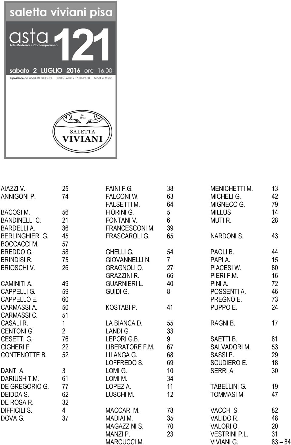 37 FAINI F.G. 38 FALCONI W. 63 FALSETTI M. 64 FIORINI G. 5 FONTANI V. 6 FRANCESCONI M. 39 FRASCAROLI G. 65 GHELLI G. 54 GIOVANNELLI N. 7 GRAGNOLI O. 27 GRAZZINI R. 66 GUARNIERI L. 40 GUIDI G.