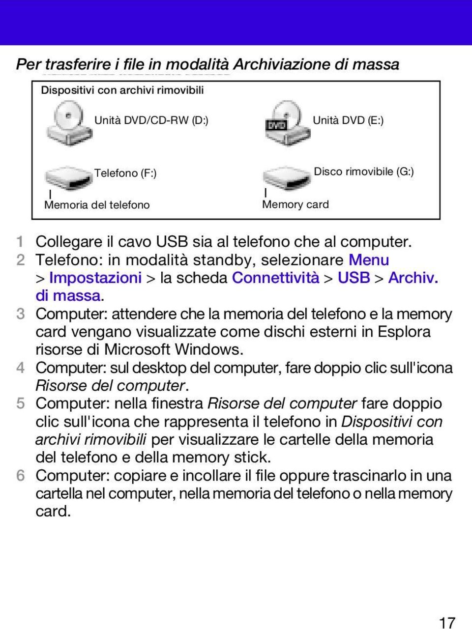 3 Computer: attendere che la memoria del telefono e la memory card vengano visualizzate come dischi esterni in Esplora risorse di Microsoft Windows.