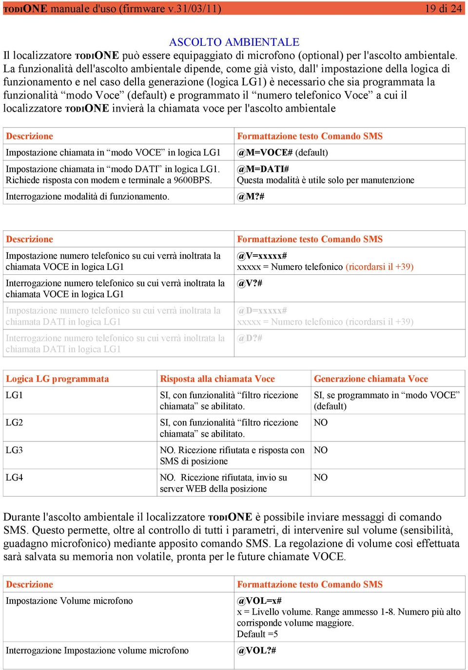 funzionalità modo Voce (default) e programmato il numero telefonico Voce a cui il localizzatore TODIONE invierà la chiamata voce per l'ascolto ambientale Impostazione chiamata in modo VOCE in logica