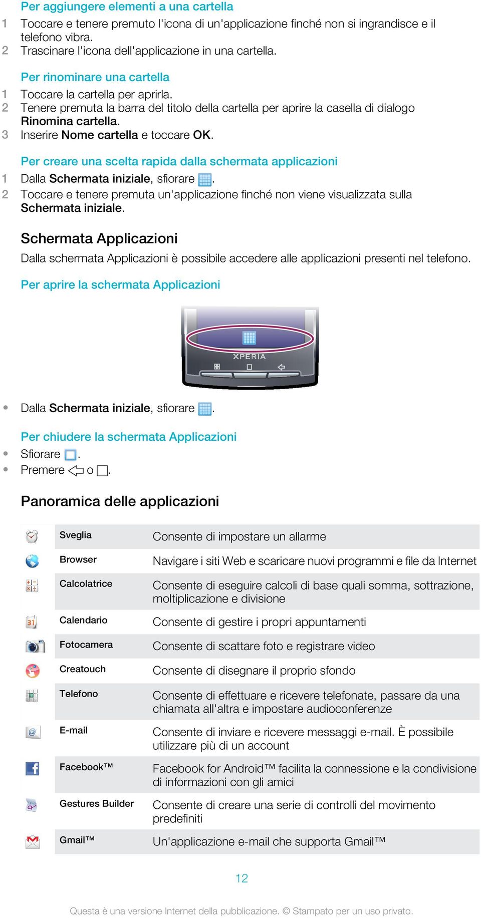 3 Inserire Nome cartella e toccare OK. Per creare una scelta rapida dalla schermata applicazioni 2 Toccare e tenere premuta un'applicazione finché non viene visualizzata sulla Schermata iniziale.