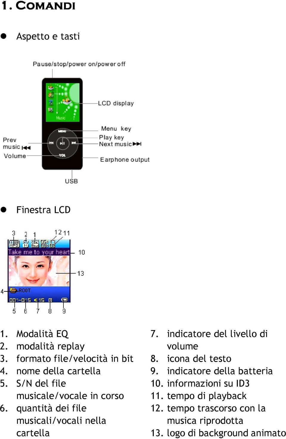 quantità dei file musicali/vocali nella cartella 7. indicatore del livello di volume 8. icona del testo 9.