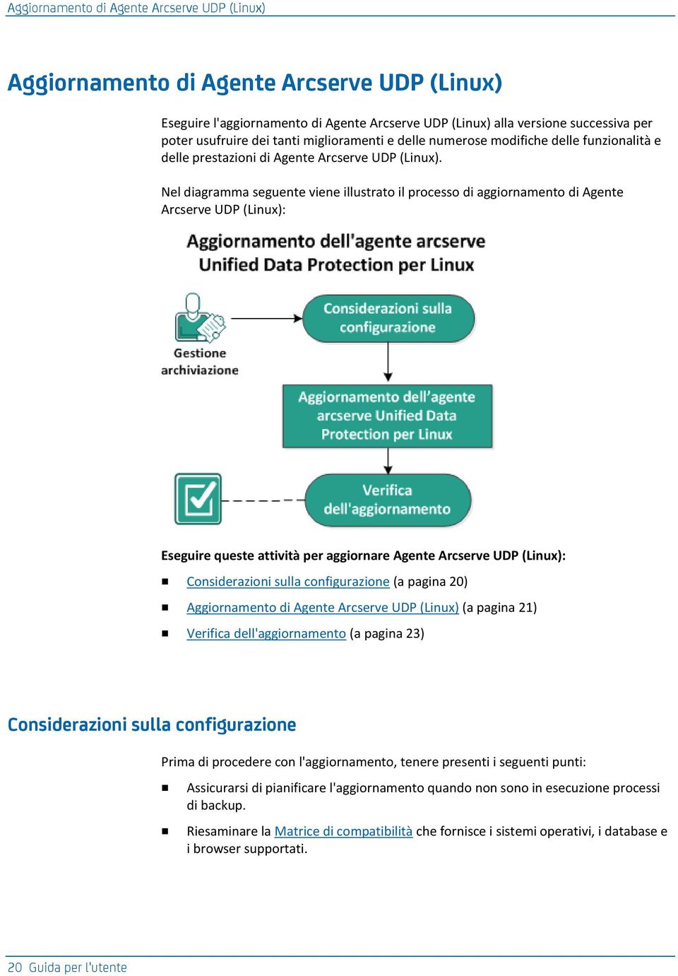 Nel diagramma seguente viene illustrato il processo di aggiornamento di Agente Arcserve UDP (Linux): Eseguire queste attività per aggiornare Agente Arcserve UDP (Linux): Considerazioni sulla