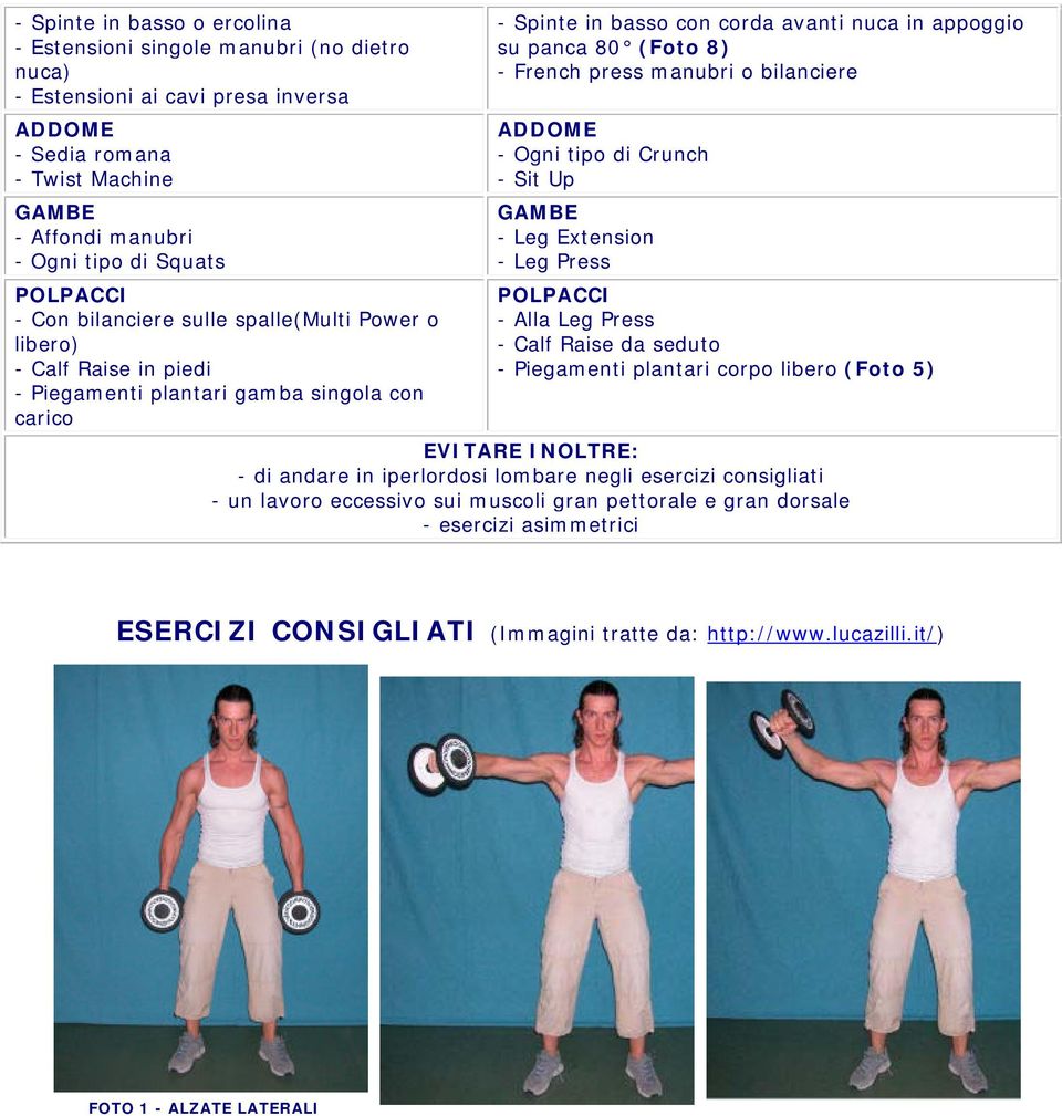 8) - French press manubri o bilanciere ADDOME - Ogni tipo di Crunch - Sit Up GAMBE - Leg Extension - Leg Press POLPACCI - Alla Leg Press - Calf Raise da seduto - Piegamenti plantari corpo libero