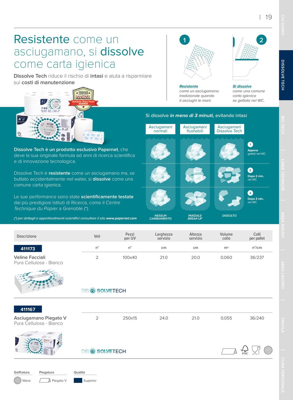 CHI SIAMO DISSOLVE TECH Si dissolve in meno di 3 minuti, evitando intasi Asciugamani normali Asciugamani flushabili Asciugamani Dissolve Tech BIO TECH Dissolve Tech è un prodotto esclusivo Papernet,