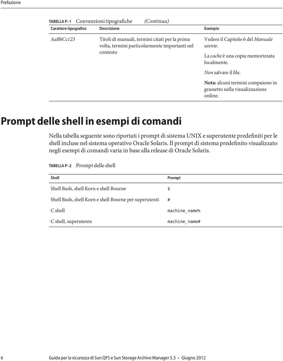 Prompt delle shell in esempi di comandi Nella tabella seguente sono riportati i prompt di sistema UNIX e superutente predefiniti per le shell incluse nel sistema operativo Oracle Solaris.