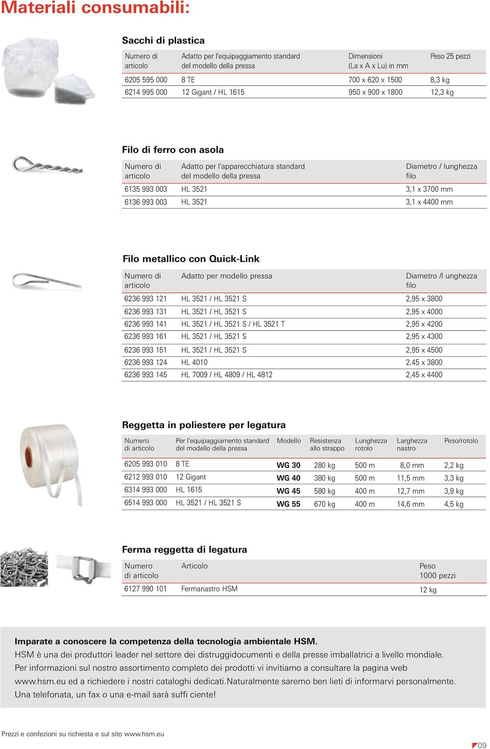 filo 6135 993 003 HL 3521 3,1 x 3700 mm 6136 993 003 HL 3521 3,1 x 4400 mm Filo metallico con Quick-Link Numero di articolo Adatto per modello pressa Diametro /l unghezza filo 6236 993 121 HL 3521 /