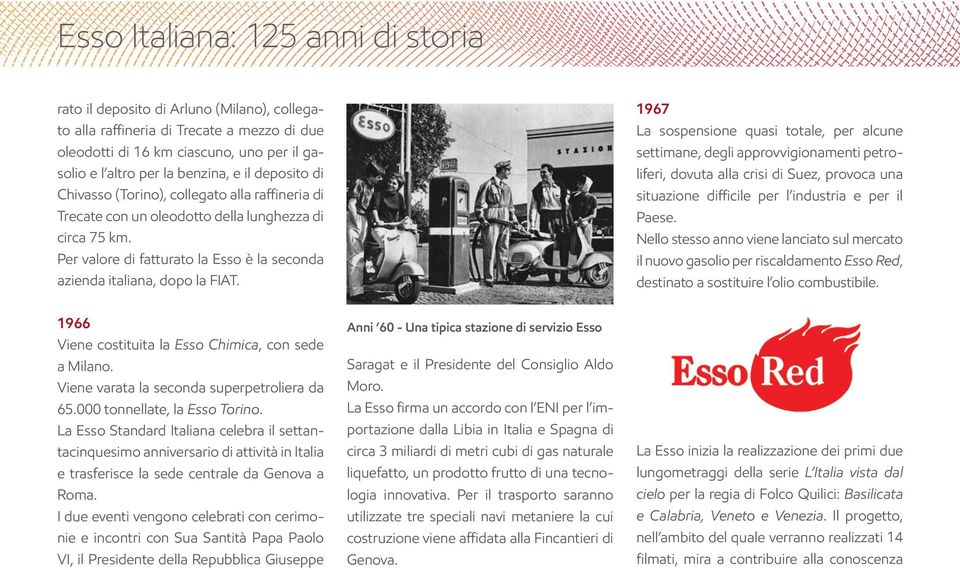 1966 Viene costituita la Esso Chimica, con sede a Milano. Viene varata la seconda superpetroliera da 65.000 tonnellate, la Esso Torino.