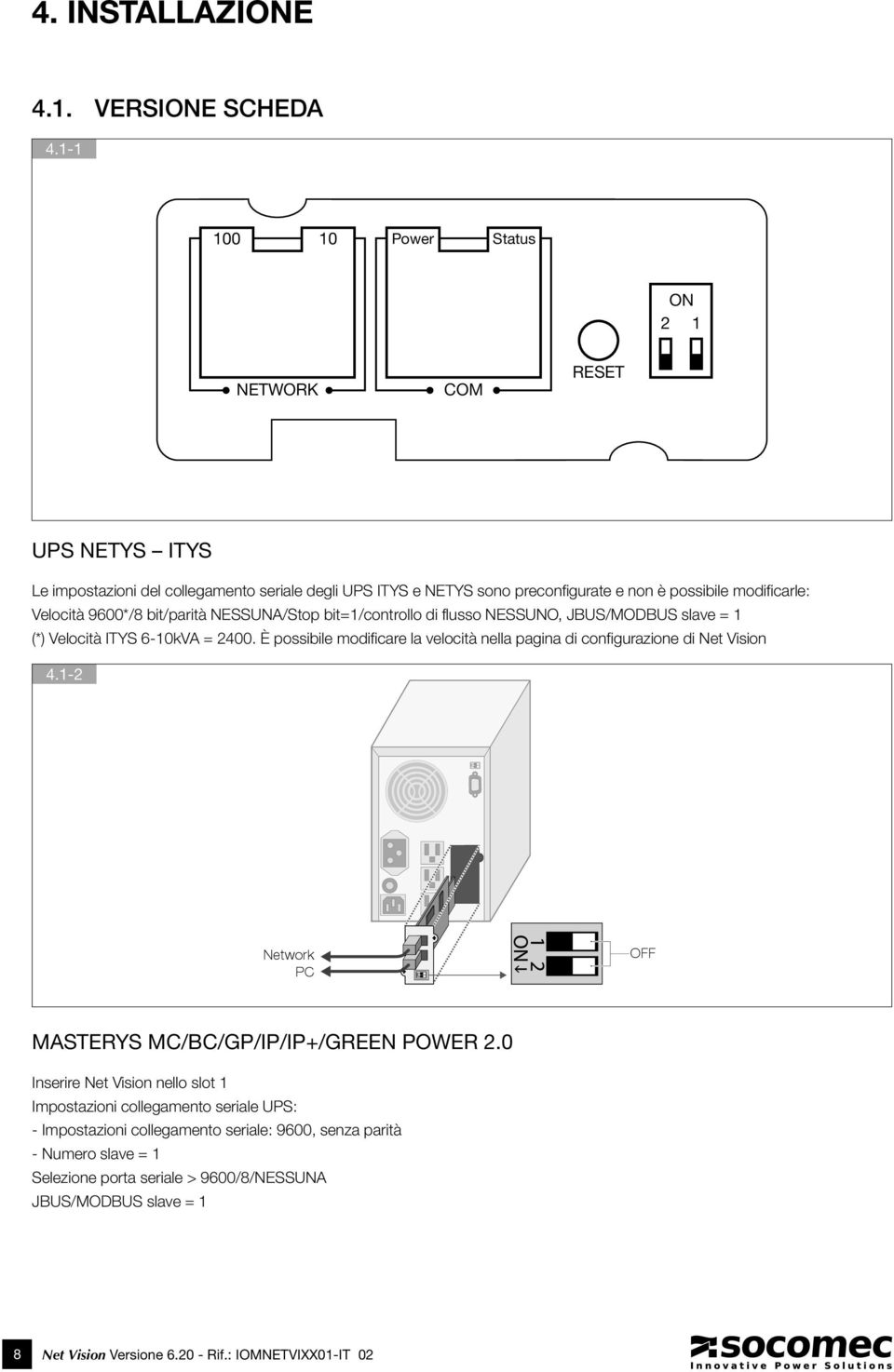 9600*/8 bit/parità NESSUNA/Stop bit=1/controllo di flusso NESSUNO, JBUS/MODBUS slave = 1 (*) Velocità ITYS 6-10kVA = 2400.