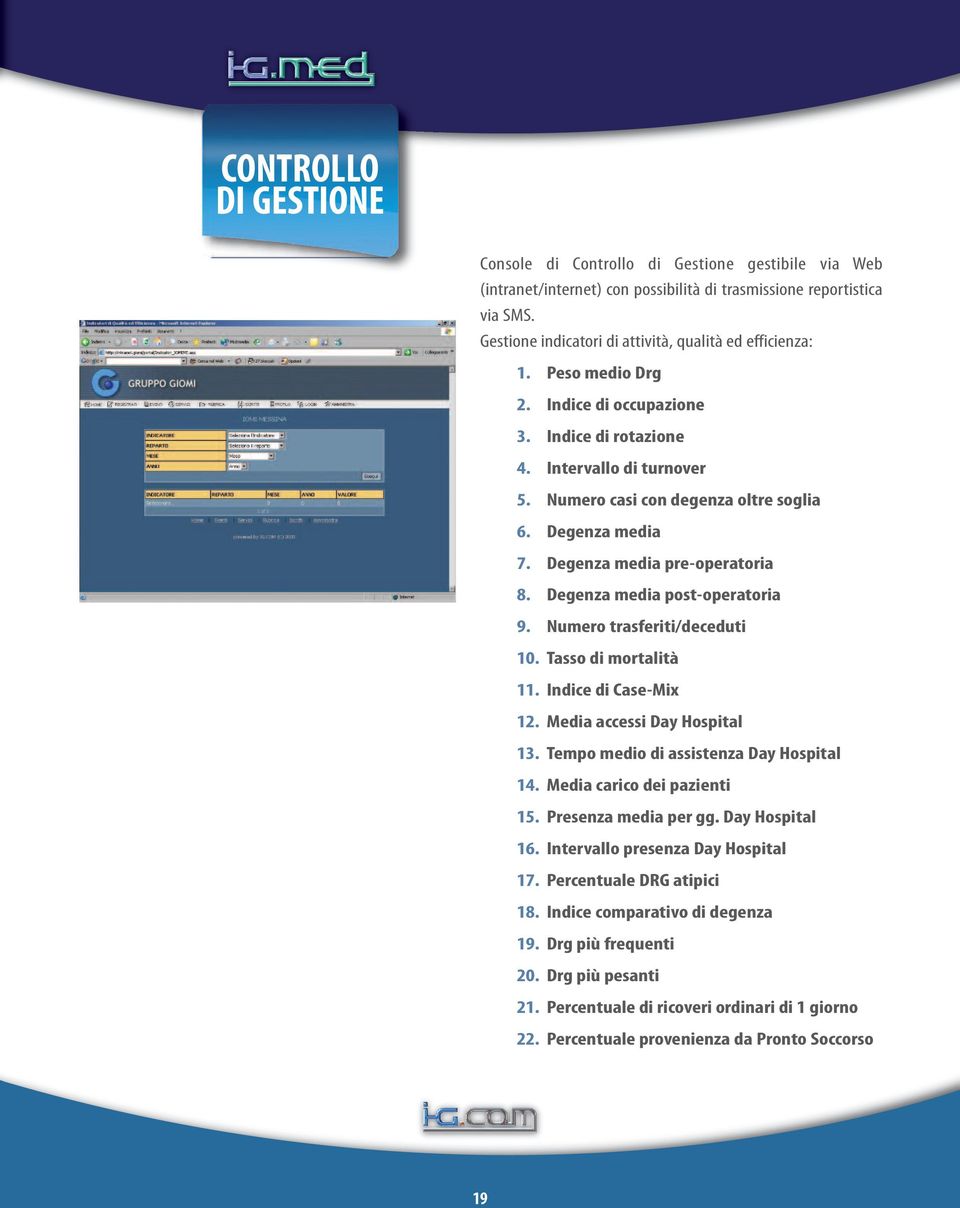 Degenza media 7. Degenza media pre-operatoria 8. Degenza media post-operatoria 9. Numero trasferiti/deceduti 10. Tasso di mortalità 11. Indice di Case-Mix 12. Media accessi Day Hospital 13.