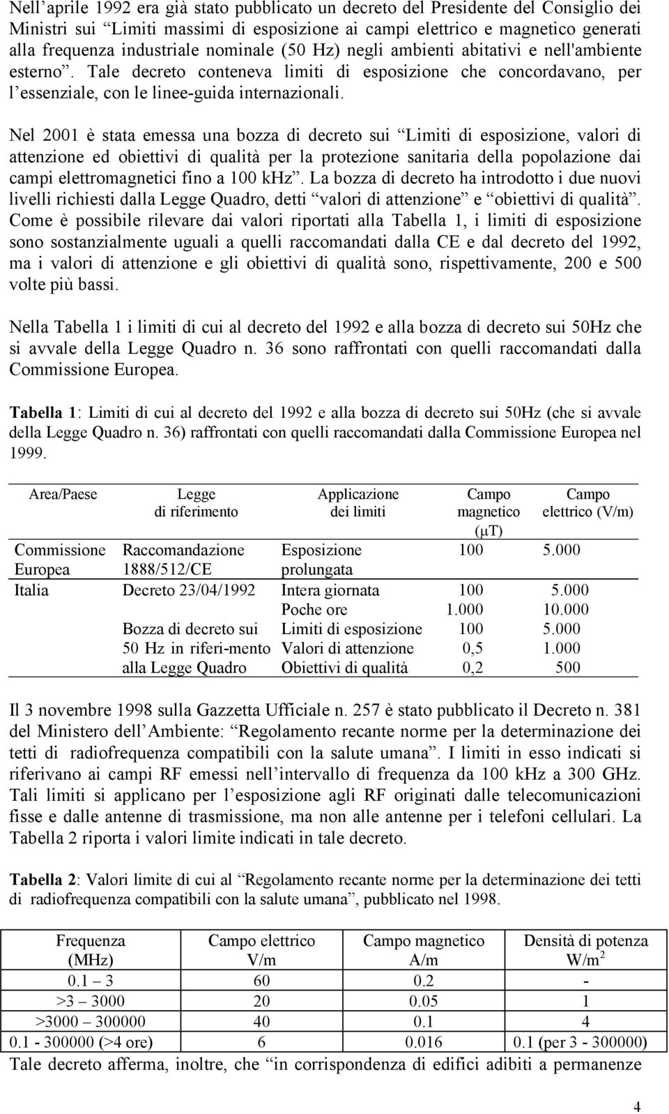 Nel 2001 è stata emessa una bozza di decreto sui Limiti di esposizione, valori di attenzione ed obiettivi di qualità per la protezione sanitaria della popolazione dai campi elettromagnetici fino a