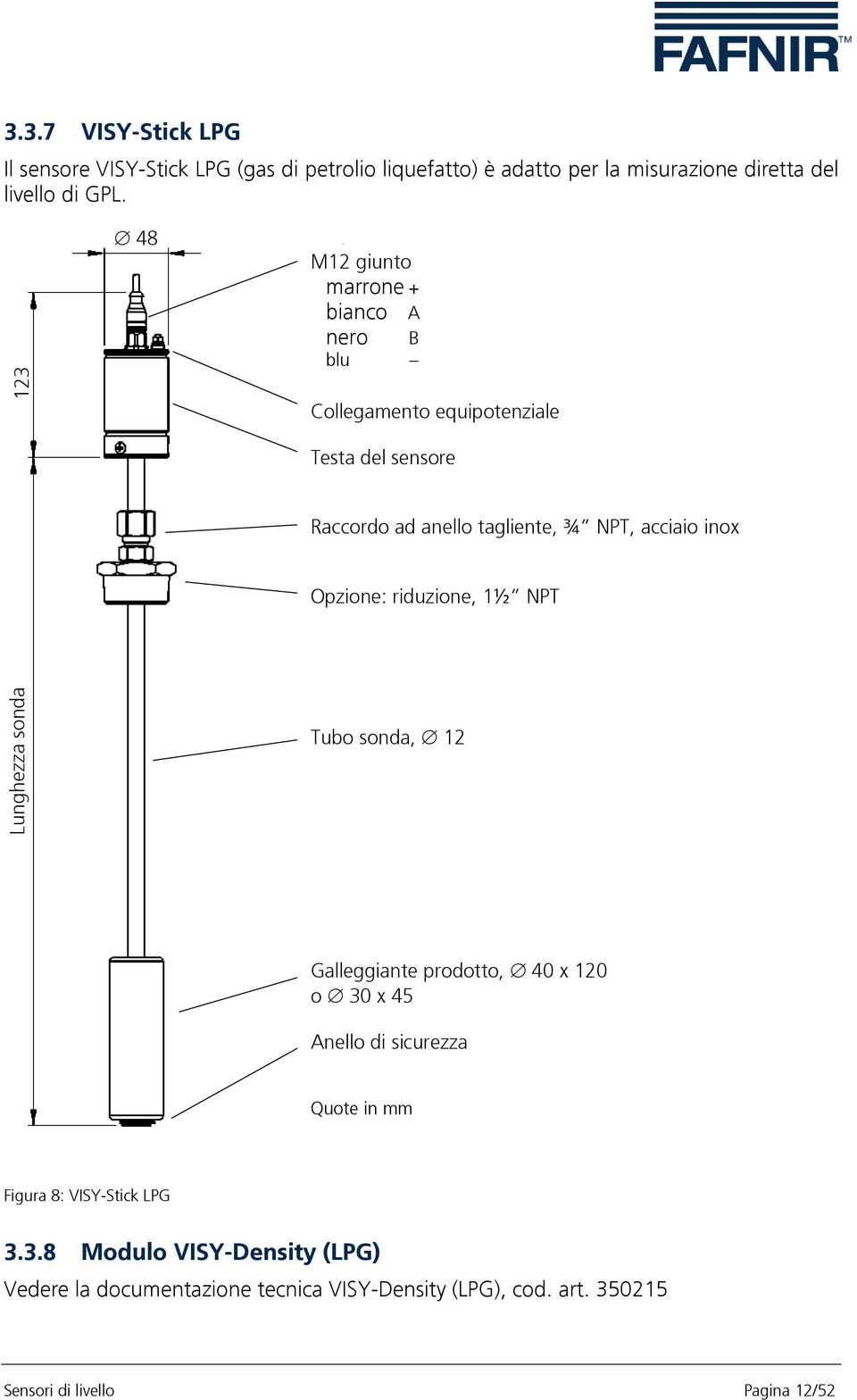 NPT, acciaio inox Opzione: riduzione, 1½ NPT Tubo sonda, 12 Galleggiante prodotto, 40 x 120 o 30 x 45 Anello di sicurezza Quote in mm Figura