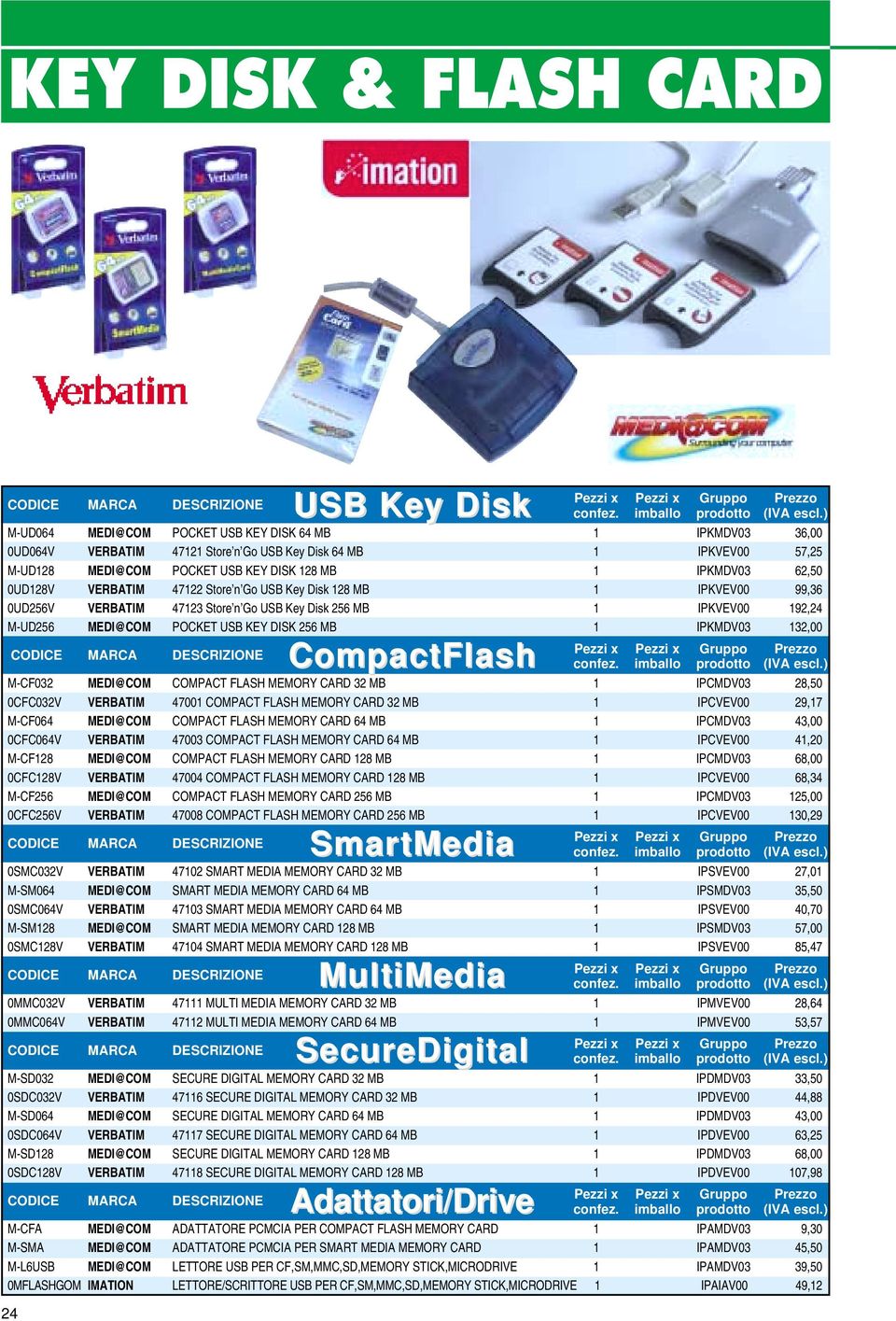 0UD128V VERBATIM 47122 Store n Go USB Key Disk 128 MB 1 IPKVEV00 99,36 0UD256V VERBATIM 47123 Store n Go USB Key Disk 256 MB 1 IPKVEV00 192,24 M-UD256 MEDI@COM POCKET USB KEY DISK 256 MB 1 IPKMDV03