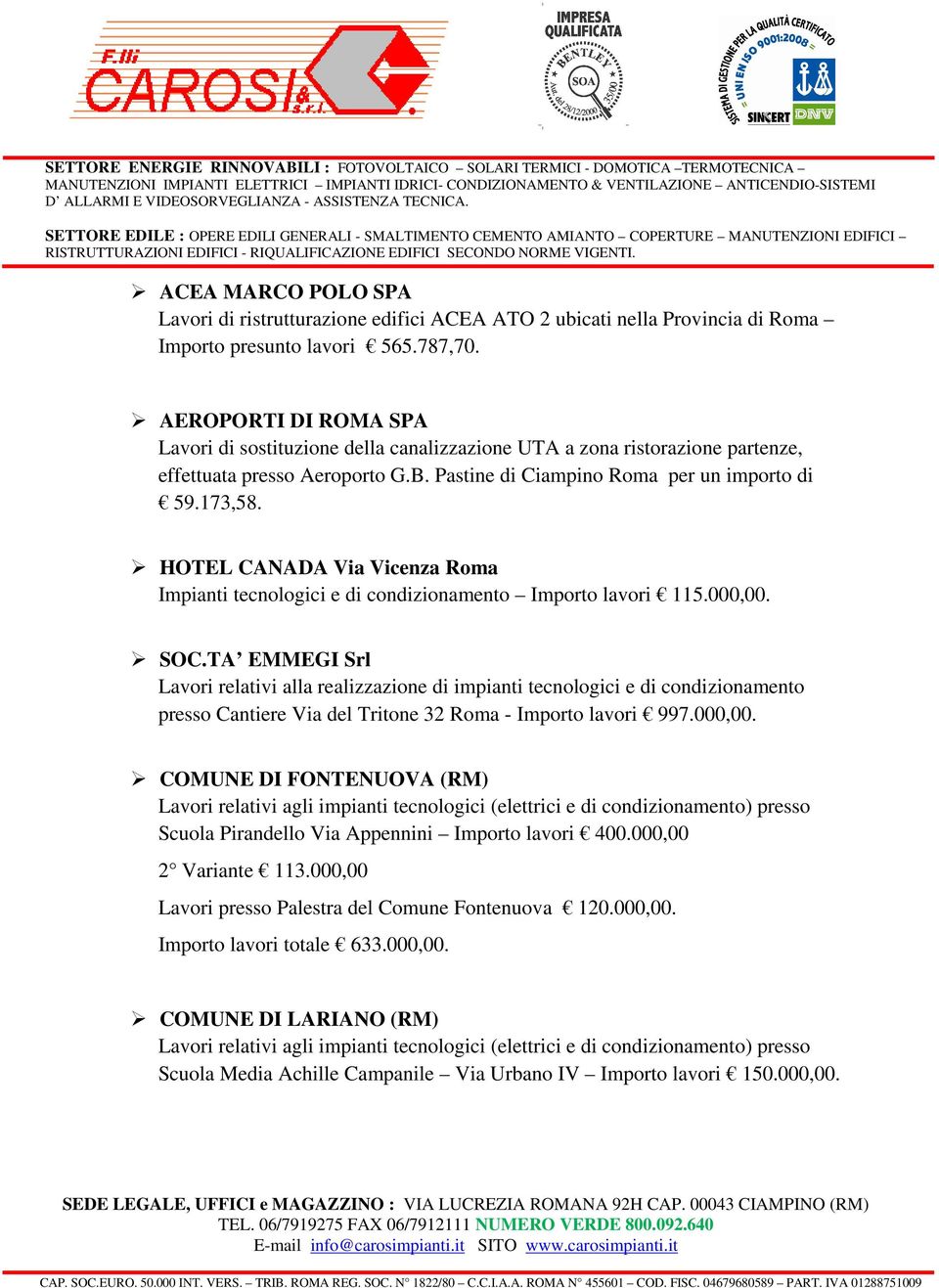 HOTEL CANADA Via Vicenza Roma Impianti tecnologici e di condizionamento Importo lavori 115.000,00. SOC.