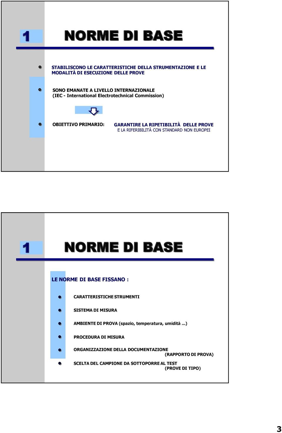 CON STANDARD NON EUROPEI 1 NORME DI BASE LE NORME DI BASE FISSANO : CARATTERISTICHE STRUMENTI SISTEMA DI MISURA AMBIENTE DI PROVA (spazio,